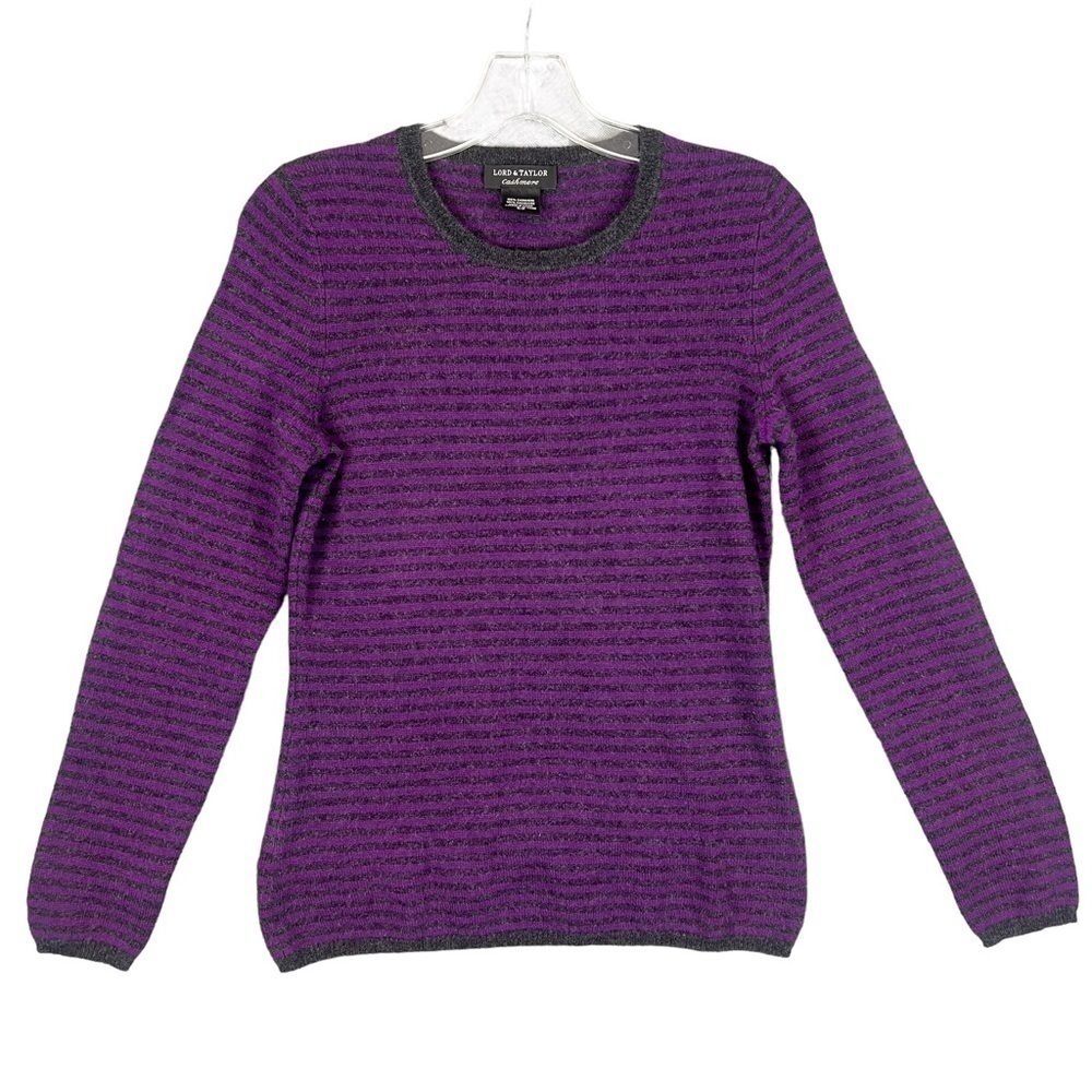 Lord & Taylor Cashmere Sweater Purple & Grey Striped Crewneck Petite Small